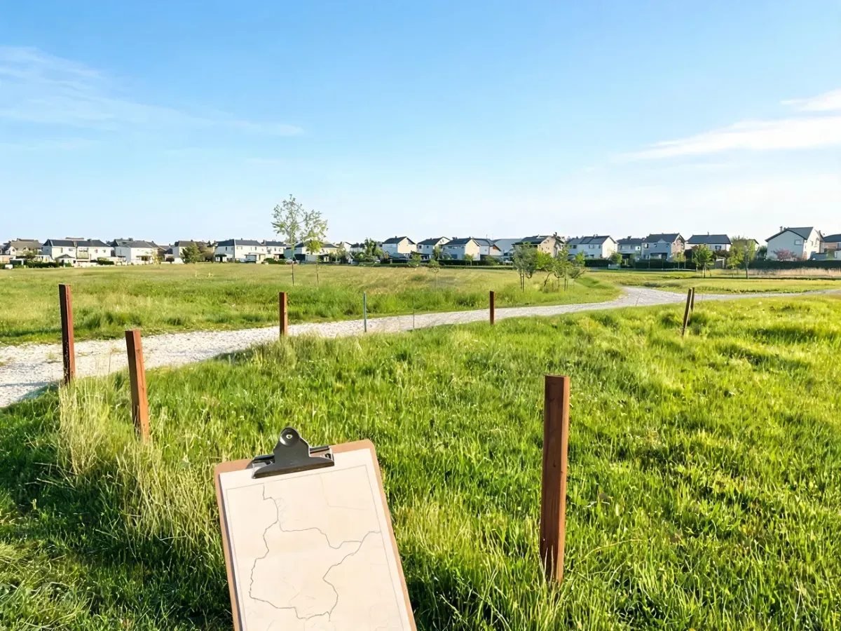 Półwiejska działka z palikami granicznymi i mapą na tle niskich domów, symbolizująca proces odrolnienia gruntu.
