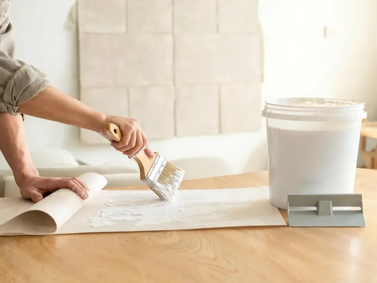 Nakładanie kleju pędzlem na tapetę flizelinową na stole, w tle nowocześnie urządzony salon z częściowo położoną tapetą.